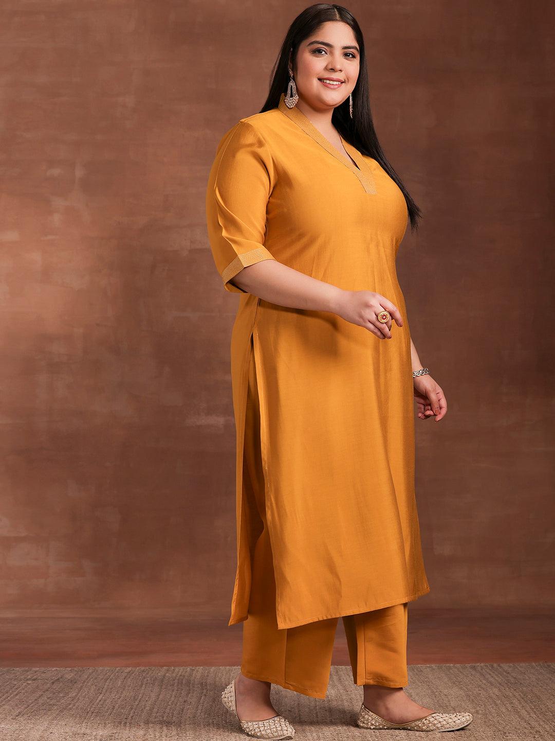 Plus Size Mustard Solid Silk Blend Straight Suit With Dupatta - Libas