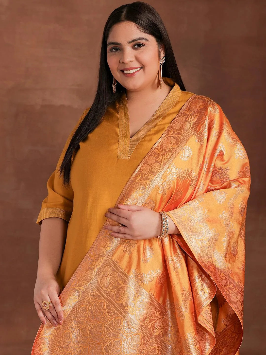 Plus Size Mustard Solid Silk Blend Straight Suit With Dupatta - Libas 
