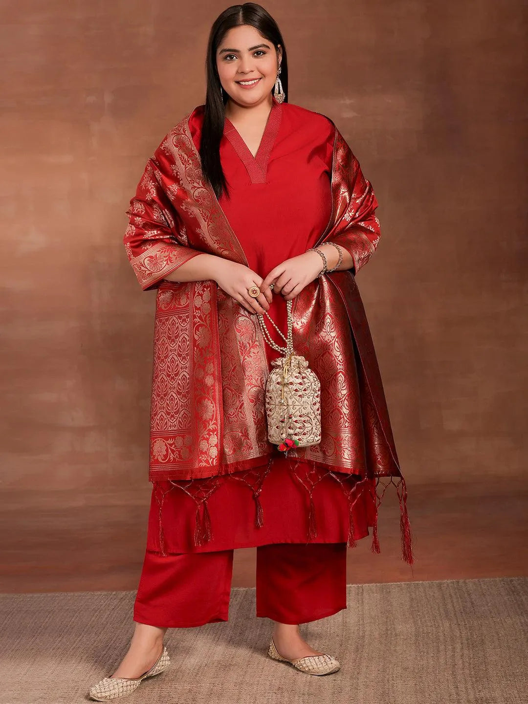 Plus Size Red Solid Silk Blend Straight Suit With Dupatta - Libas 