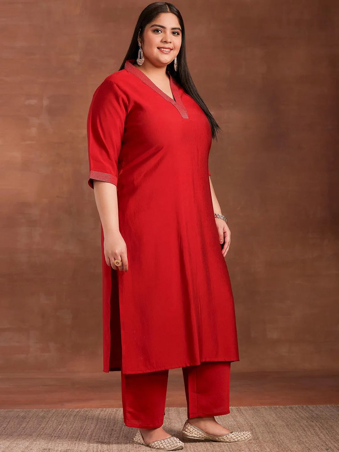Plus Size Red Solid Silk Blend Straight Suit With Dupatta - Libas 