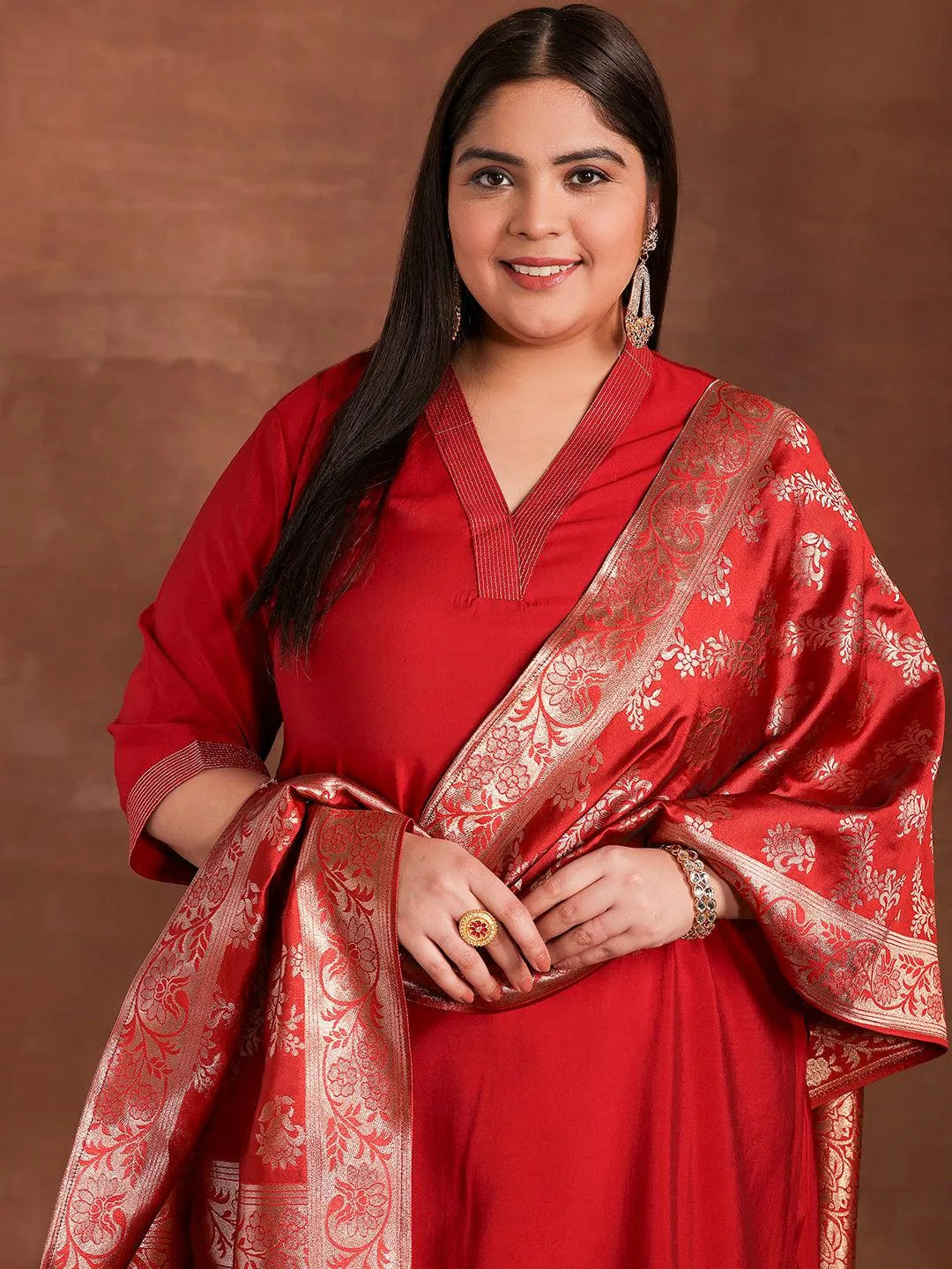 Plus Size Red Solid Silk Blend Straight Suit With Dupatta - Libas 