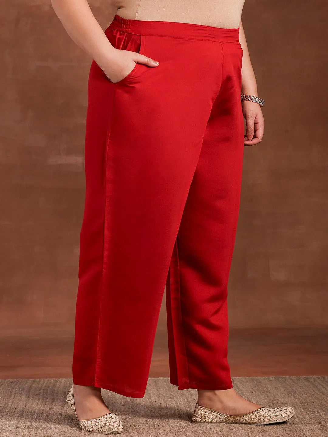 Plus Size Red Solid Silk Blend Straight Suit With Dupatta - Libas 