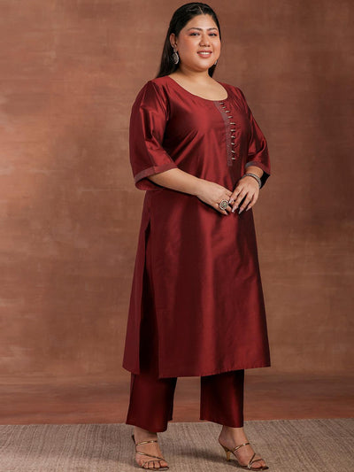 Plus Size Maroon Solid Silk Blend Straight Suit With Dupatta - Libas