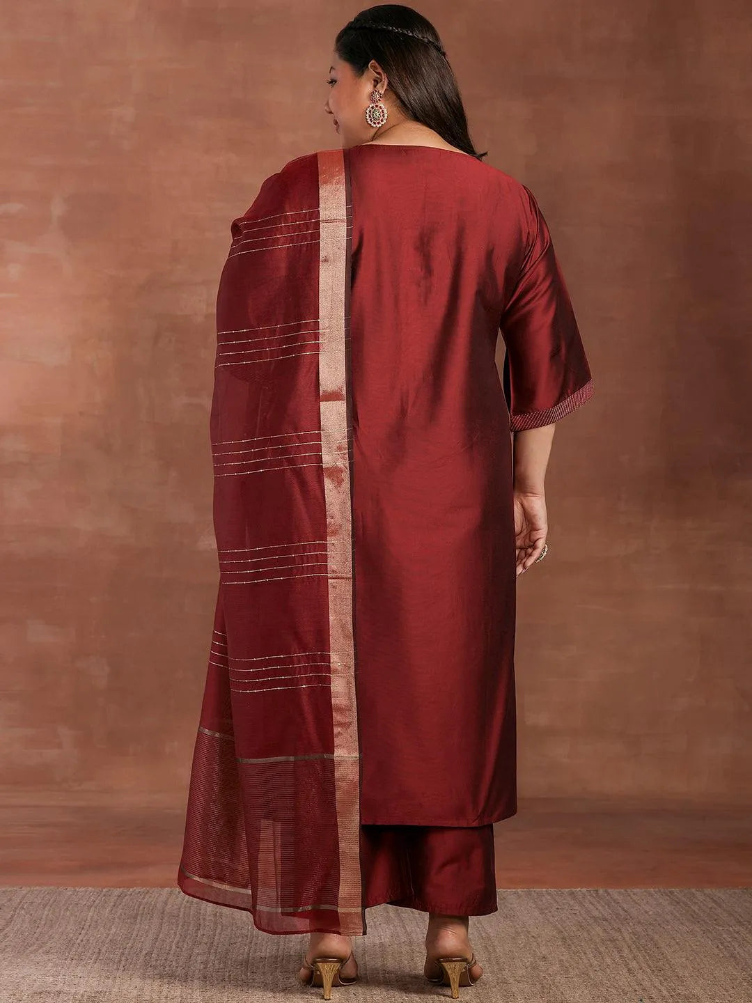 Plus Size Maroon Solid Silk Blend Straight Suit With Dupatta - Libas 