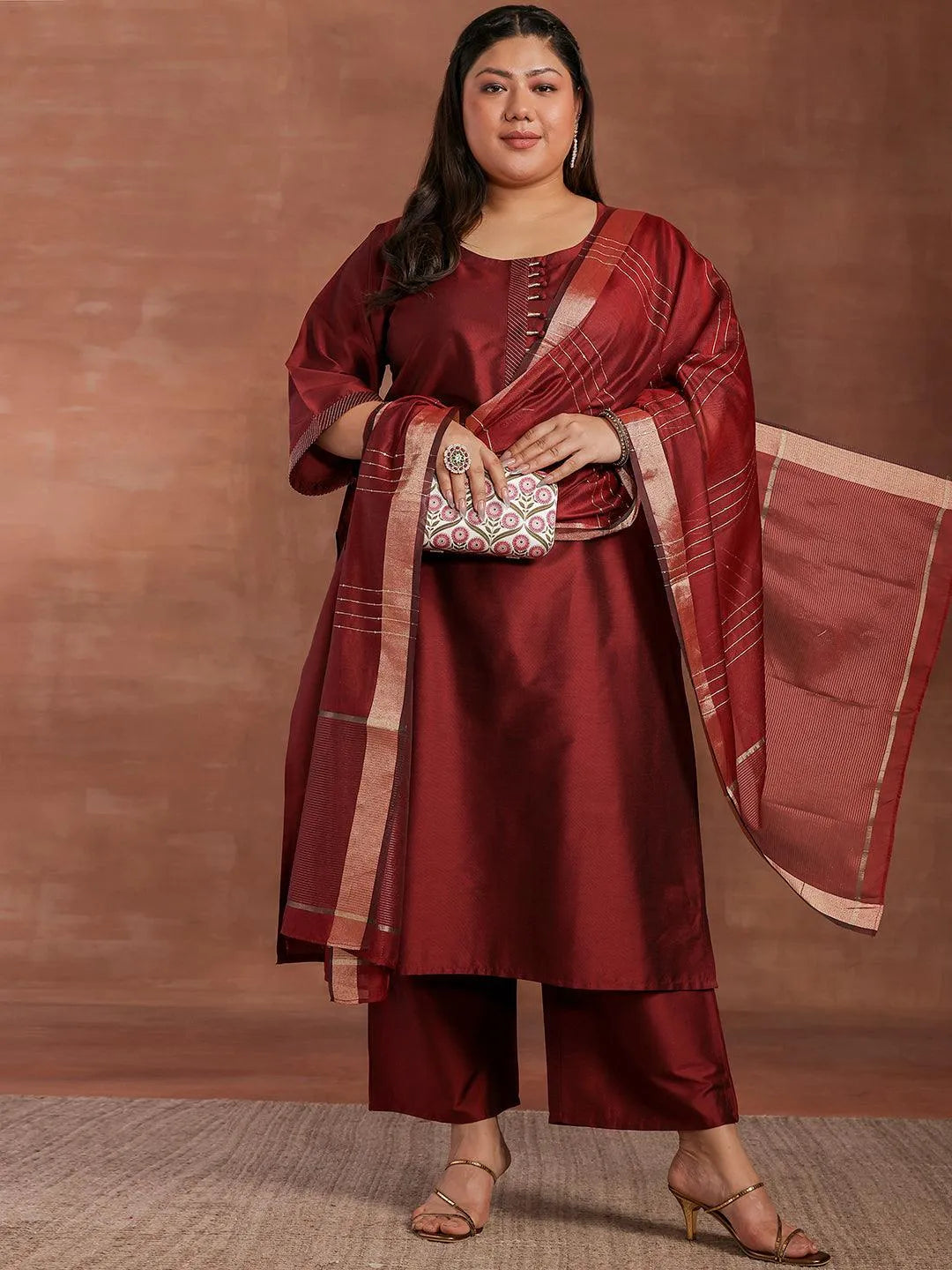 Plus Size Maroon Solid Silk Blend Straight Suit With Dupatta - Libas 