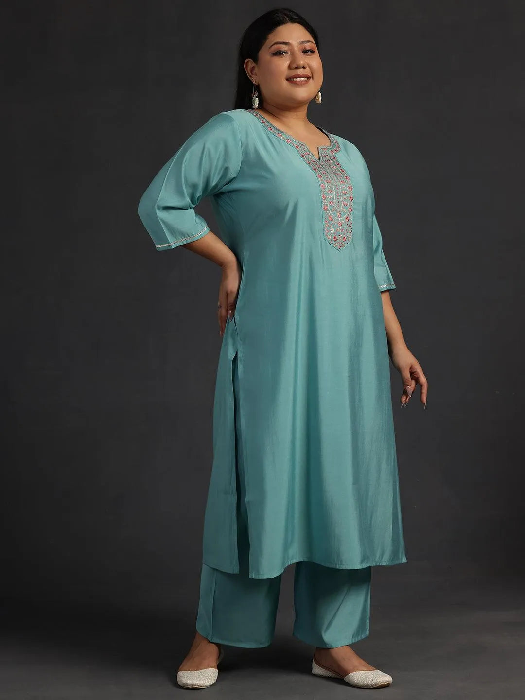 Plus Size Blue Yoke Design Silk Blend Straight Suit With Dupatta - Libas 