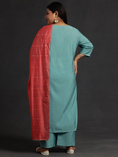 Plus Size Blue Yoke Design Silk Blend Straight Suit With Dupatta - Libas