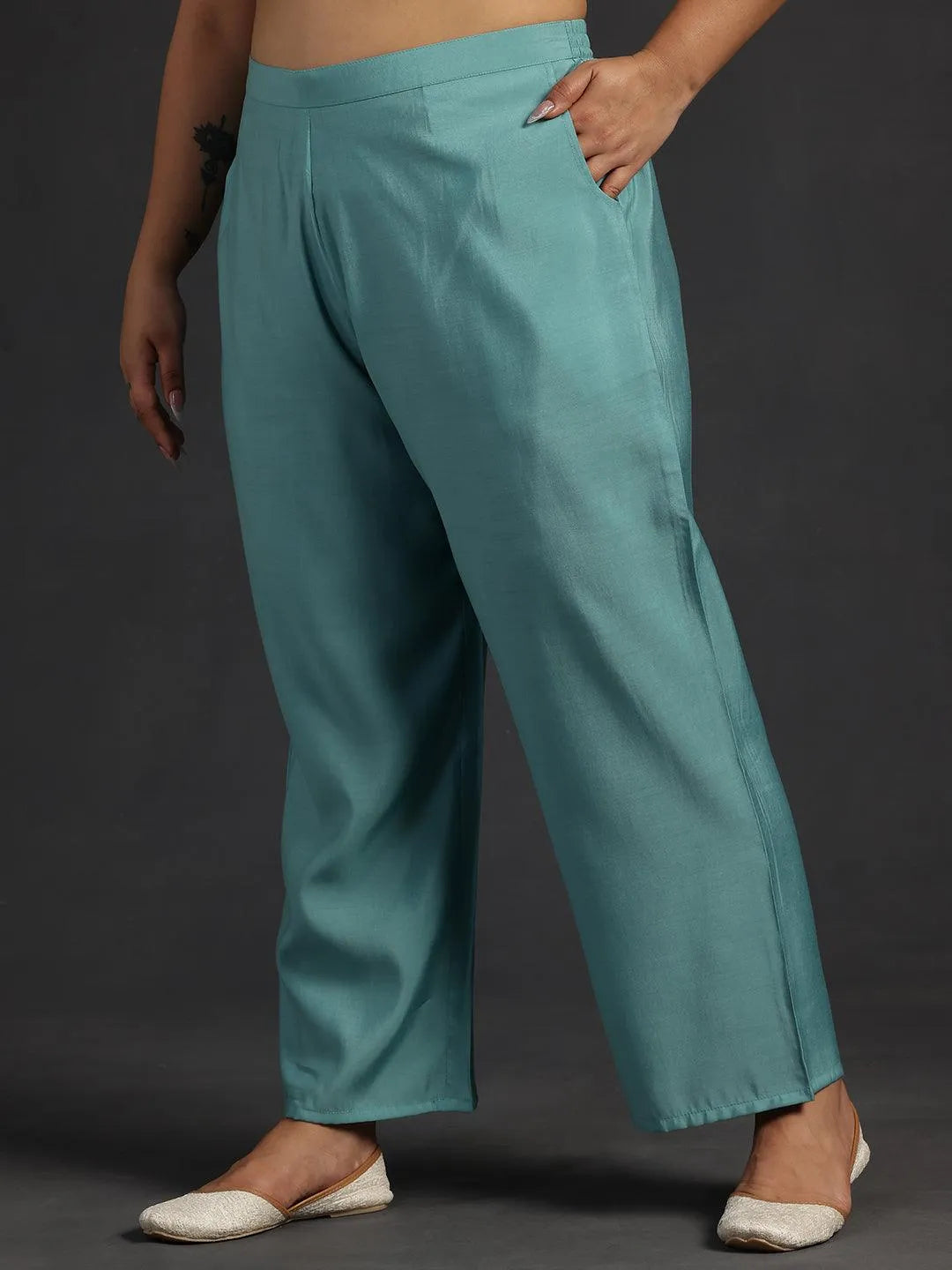 Plus Size Blue Yoke Design Silk Blend Straight Suit With Dupatta - Libas 