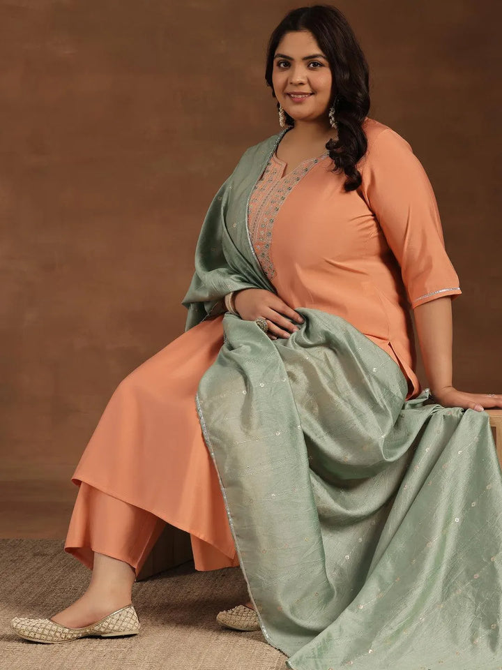 Plus Size Peach Yoke Design Silk Blend Straight Suit With Dupatta - Libas