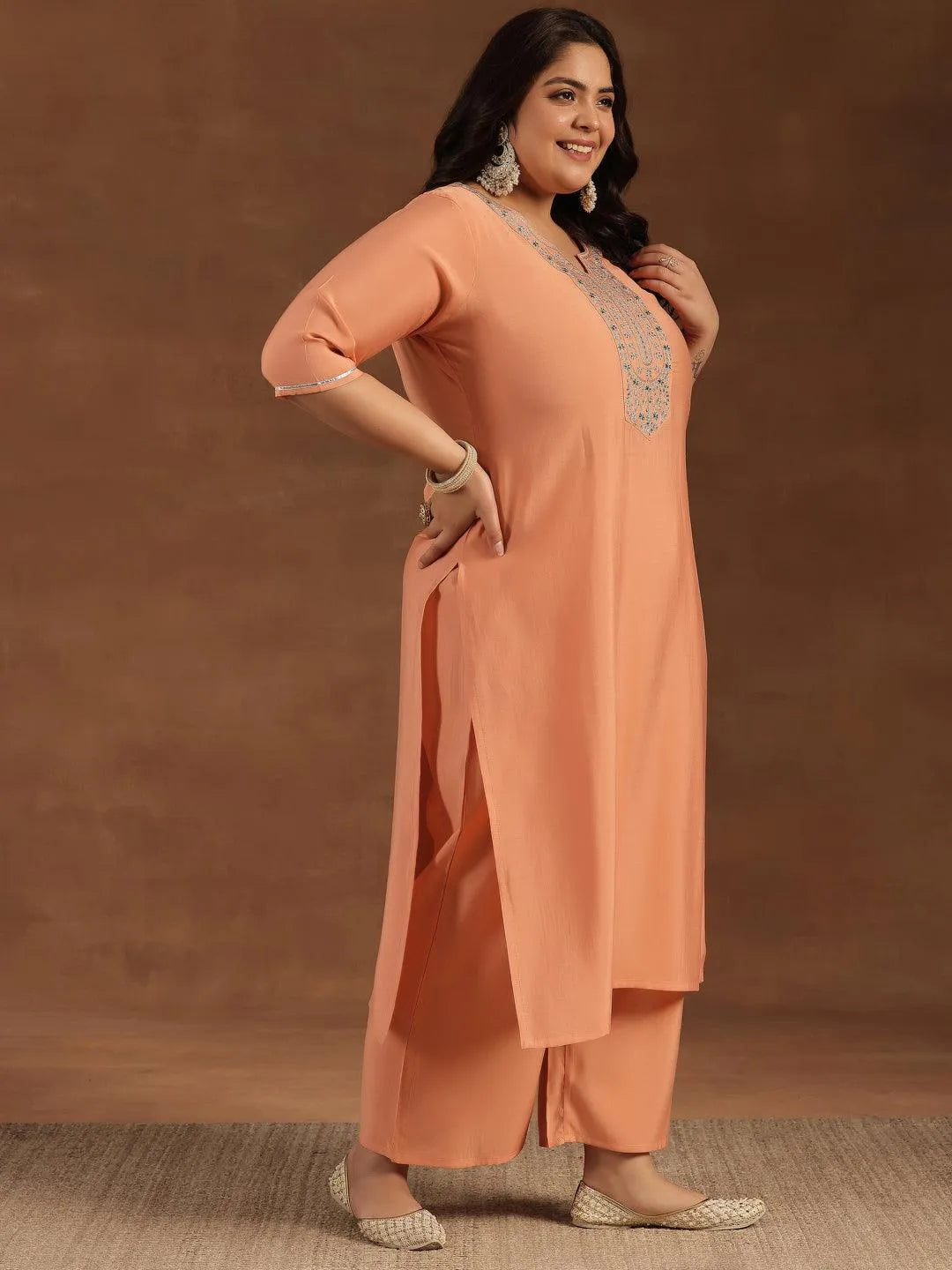 Plus Size Peach Yoke Design Silk Blend Straight Suit With Dupatta - Libas 