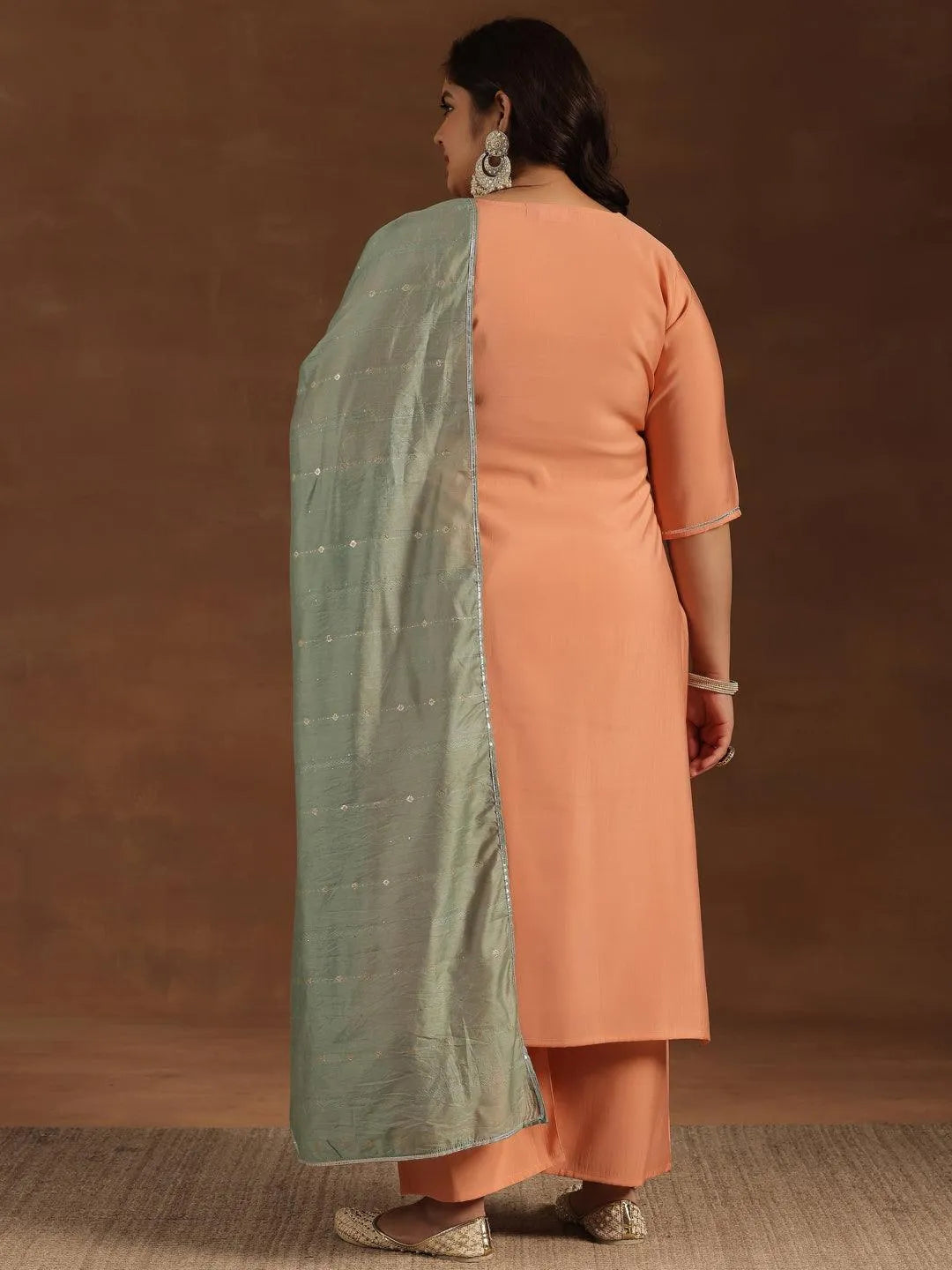 Plus Size Peach Yoke Design Silk Blend Straight Suit With Dupatta - Libas 