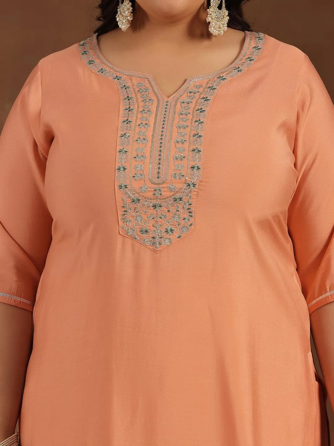 Plus Size Peach Yoke Design Silk Blend Straight Suit With Dupatta - Libas 