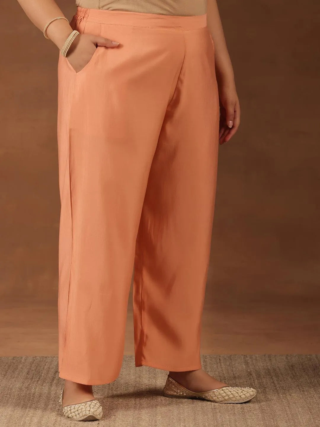Plus Size Peach Yoke Design Silk Blend Straight Suit With Dupatta - Libas 