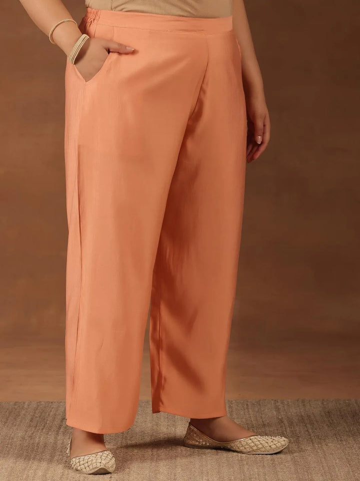 Plus Size Peach Yoke Design Silk Blend Straight Suit With Dupatta - Libas