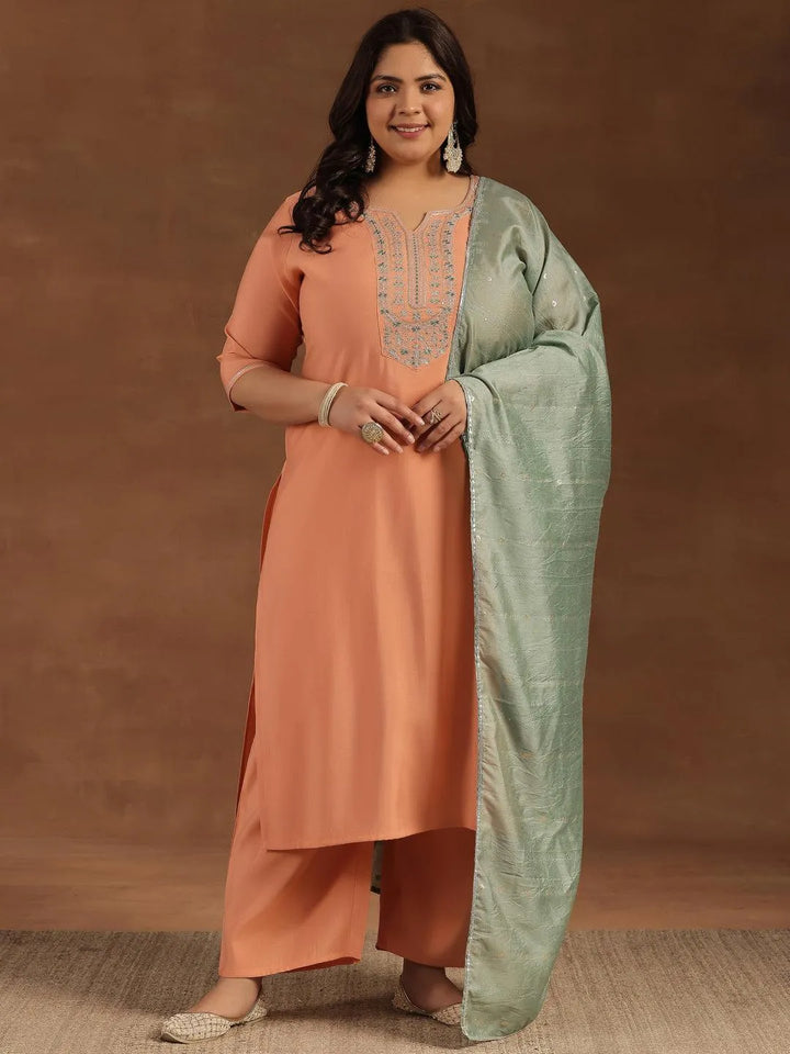 Plus Size Peach Yoke Design Silk Blend Straight Suit With Dupatta - Libas