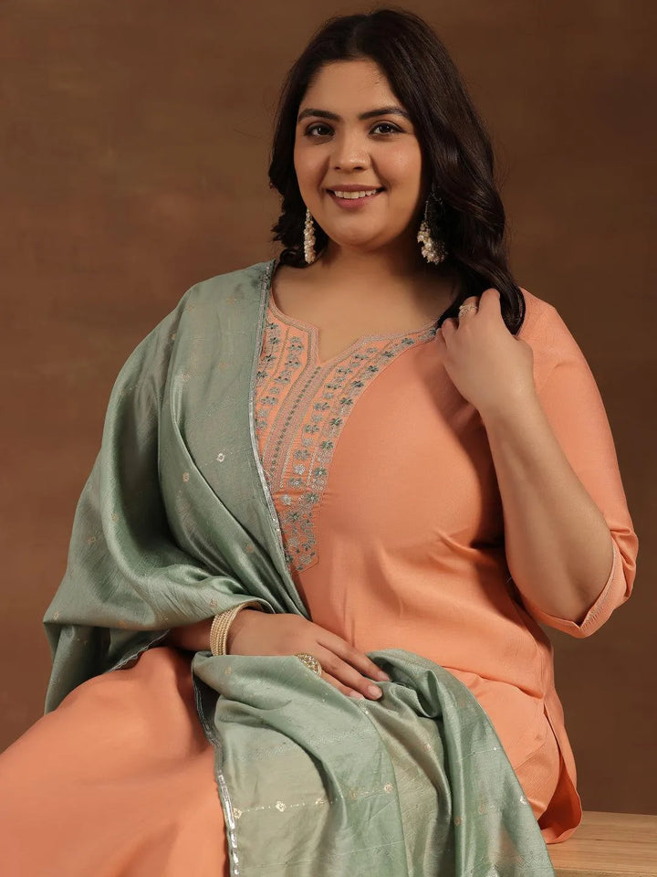 Plus Size Peach Yoke Design Silk Blend Straight Suit With Dupatta - Libas