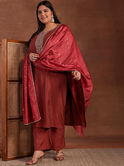 Plus Size Mauve Yoke Design Silk Blend Straight Suit With Dupatta - Libas