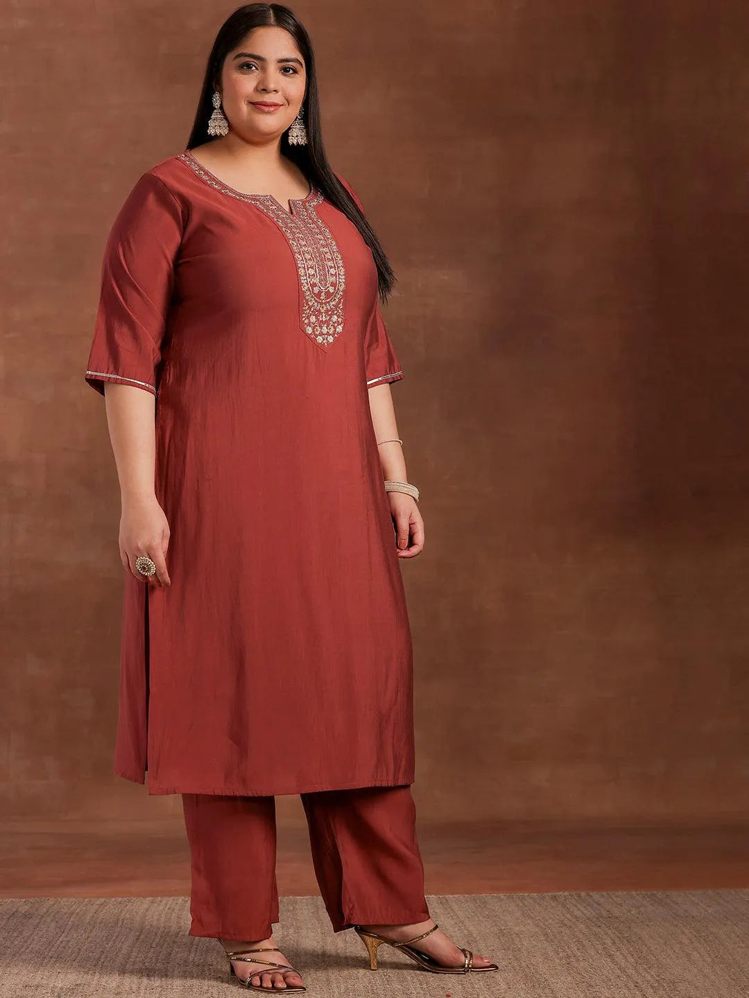 Plus Size Mauve Yoke Design Silk Blend Straight Suit With Dupatta - Libas 
