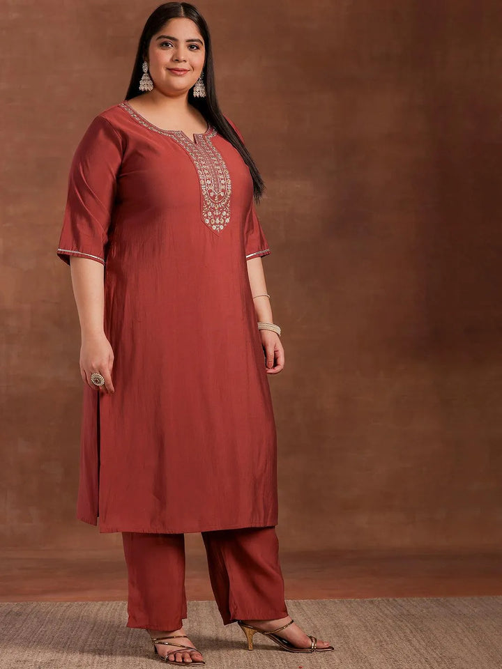 Plus Size Mauve Yoke Design Silk Blend Straight Suit With Dupatta - Libas
