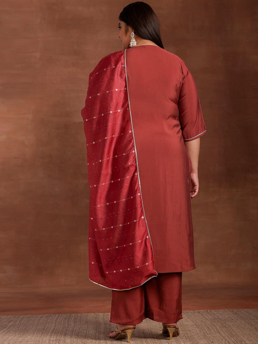 Plus Size Mauve Yoke Design Silk Blend Straight Suit With Dupatta - Libas