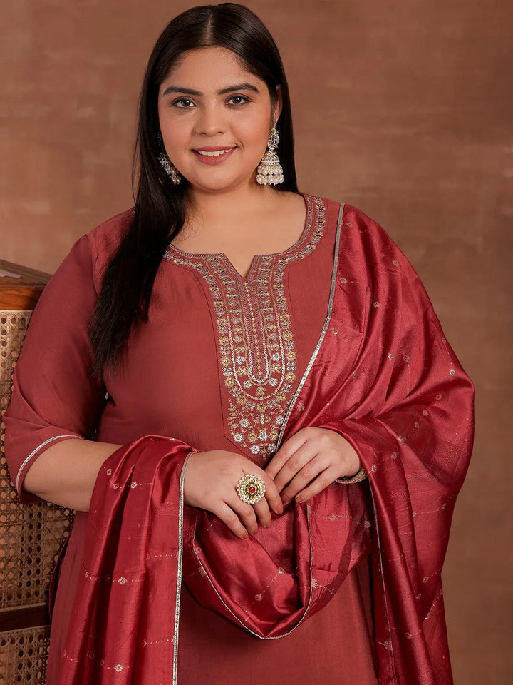 Plus Size Mauve Yoke Design Silk Blend Straight Suit With Dupatta - Libas