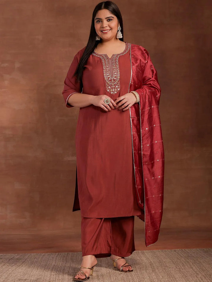 Plus Size Mauve Yoke Design Silk Blend Straight Suit With Dupatta - Libas