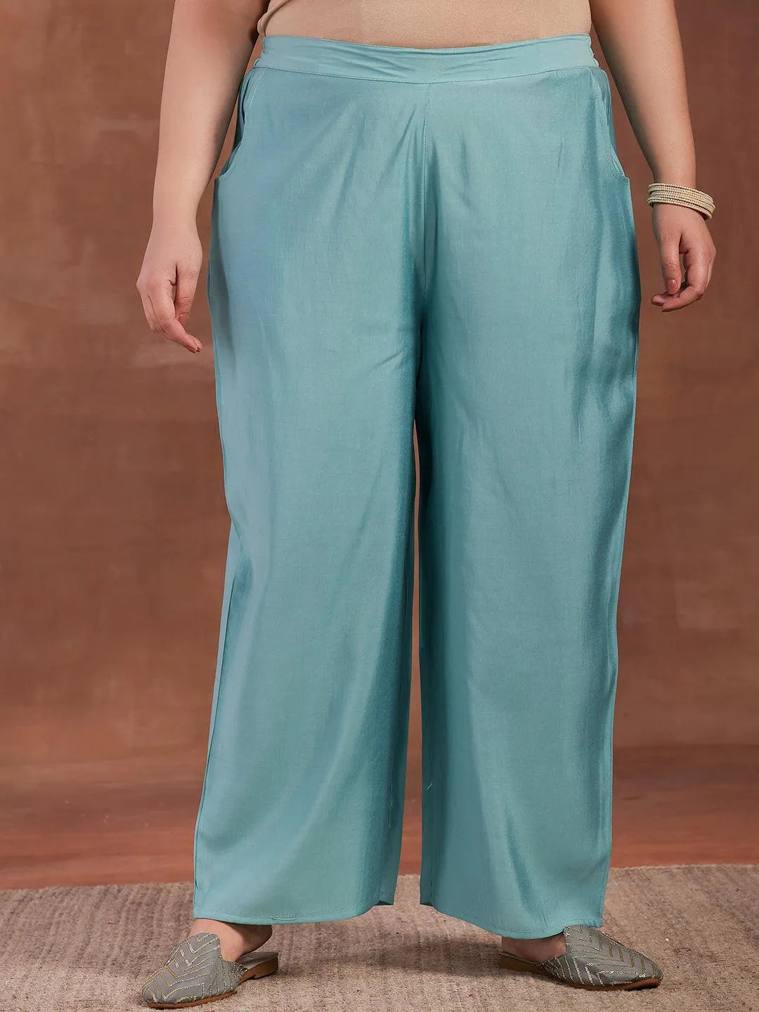 Plus Size Blue Yoke Design Silk Blend Straight Suit With Dupatta - Libas 