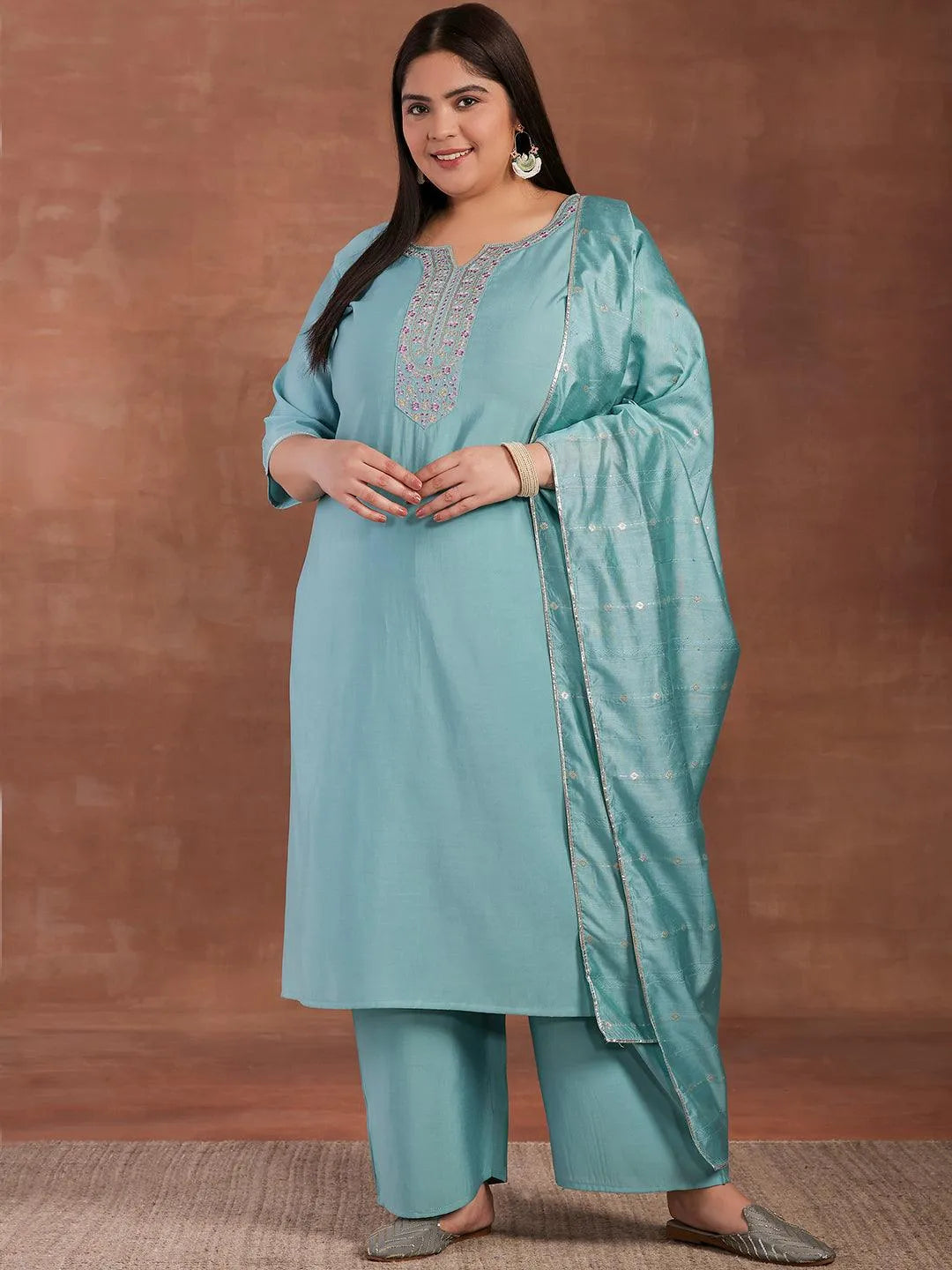 Plus Size Blue Yoke Design Silk Blend Straight Suit With Dupatta - Libas 