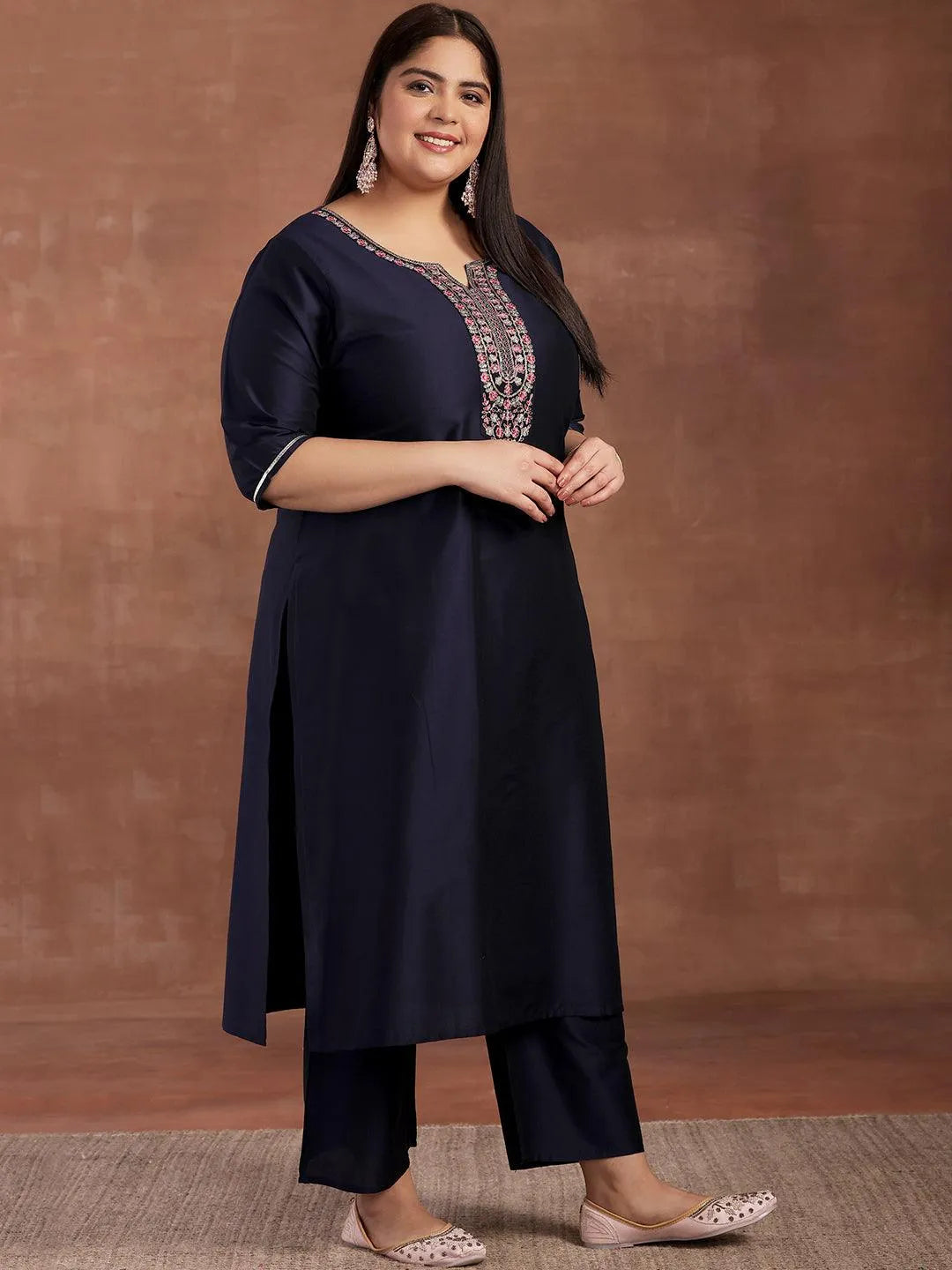 Plus Size Navy Blue Yoke Design Silk Blend Straight Suit With Dupatta - Libas 