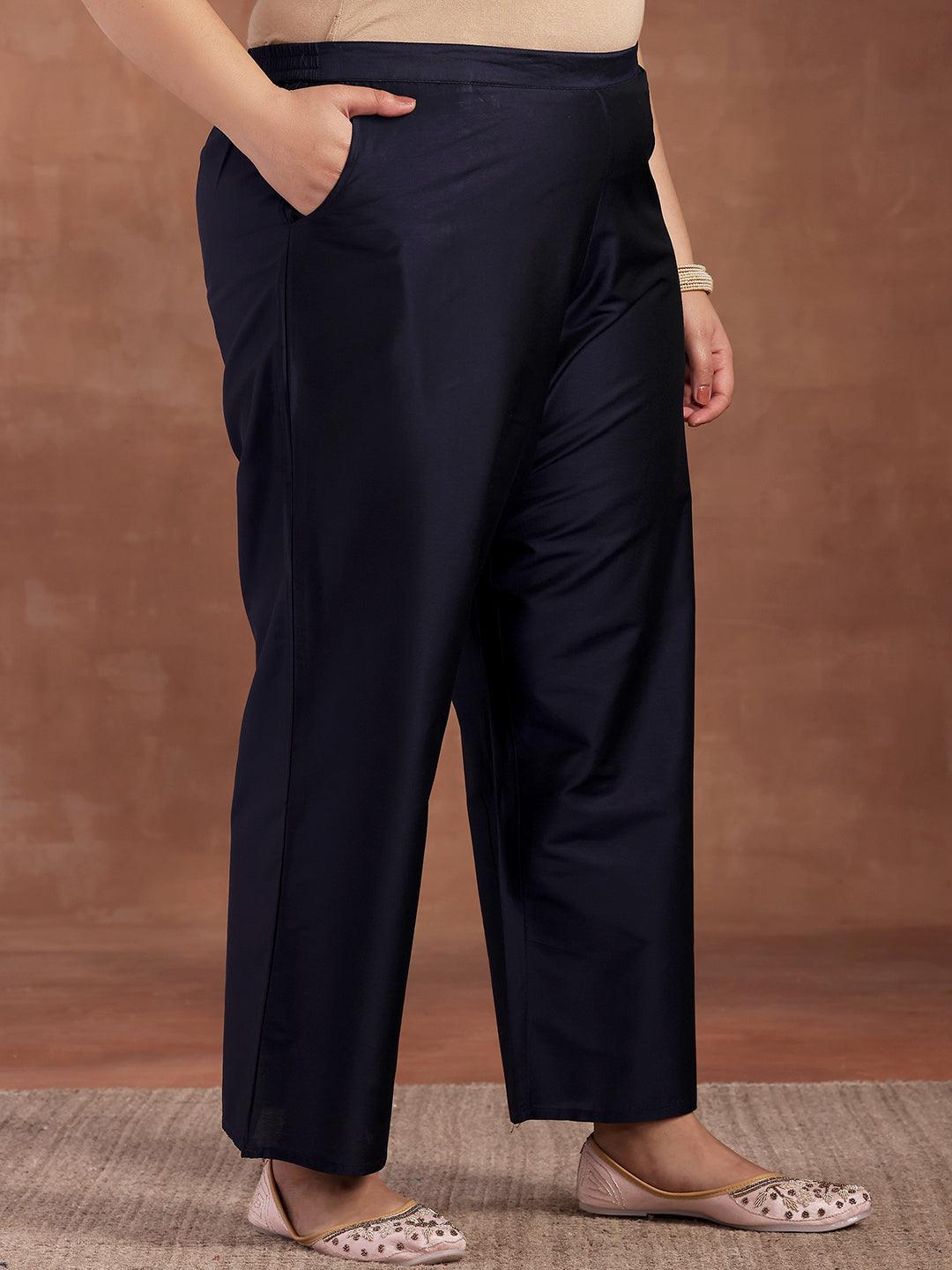 Plus Size Navy Blue Yoke Design Silk Blend Straight Suit With Dupatta - Libas