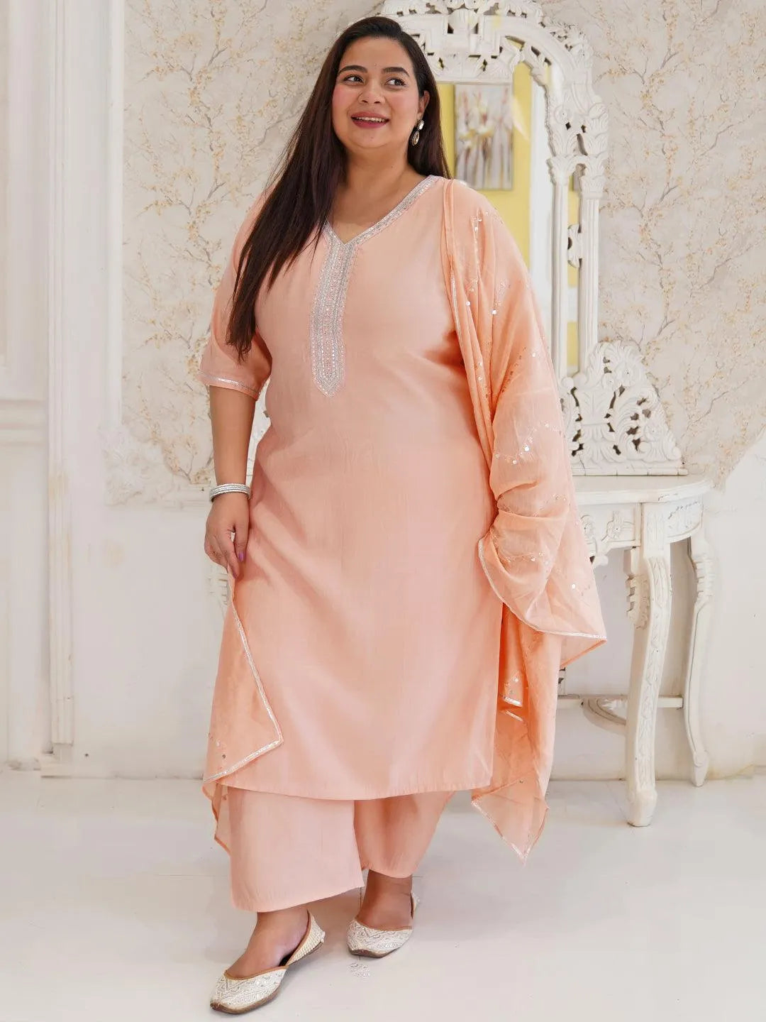 Plus Size Peach Yoke Design Silk Blend Straight Suit With Dupatta - Libas 