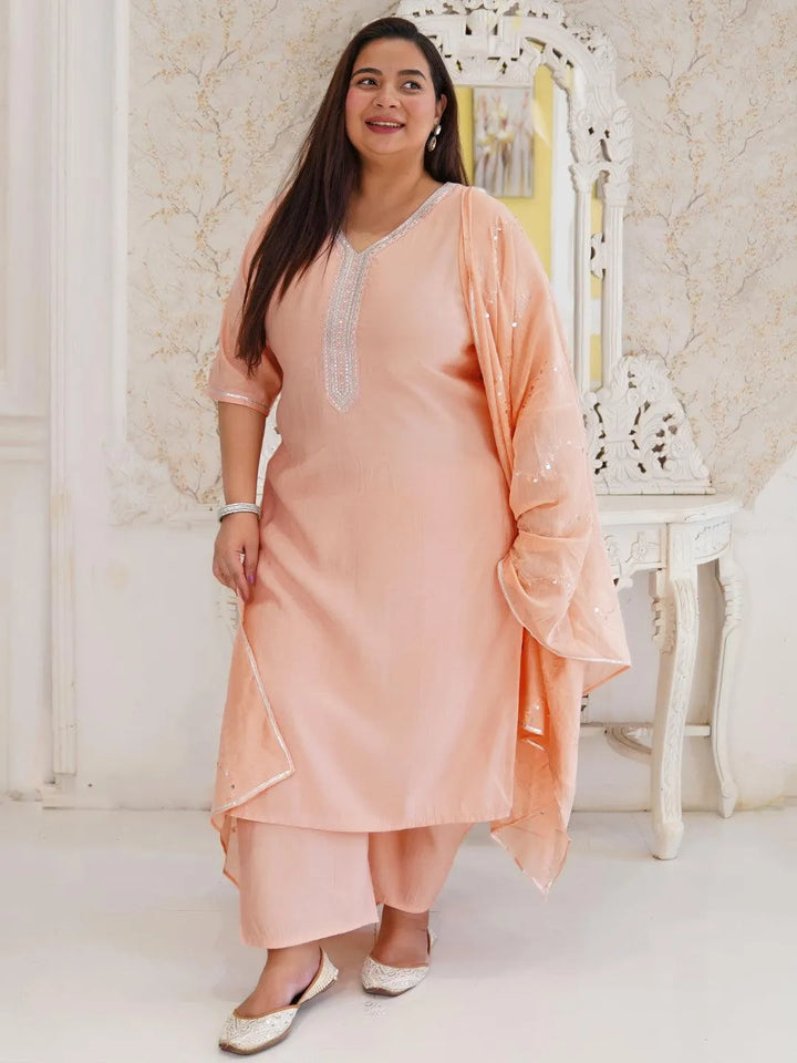 Plus Size Peach Yoke Design Silk Blend Straight Suit With Dupatta - Libas