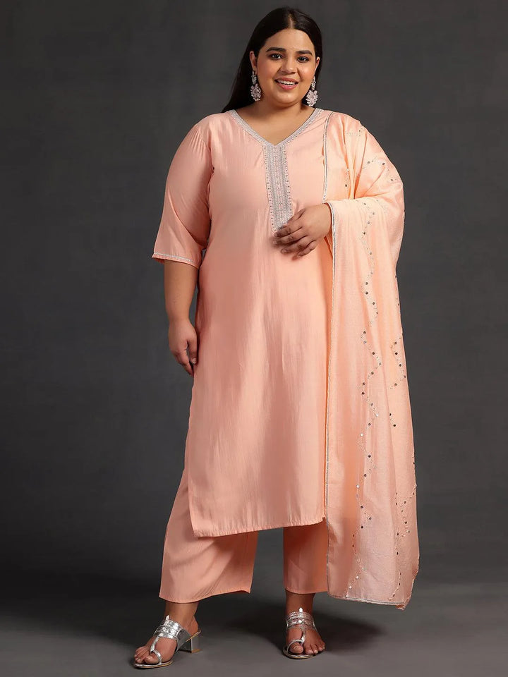 Plus Size Peach Yoke Design Silk Blend Straight Suit With Dupatta - Libas