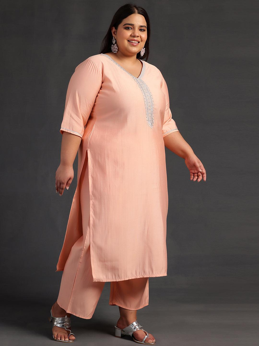 Plus Size Peach Yoke Design Silk Blend Straight Suit With Dupatta - Libas