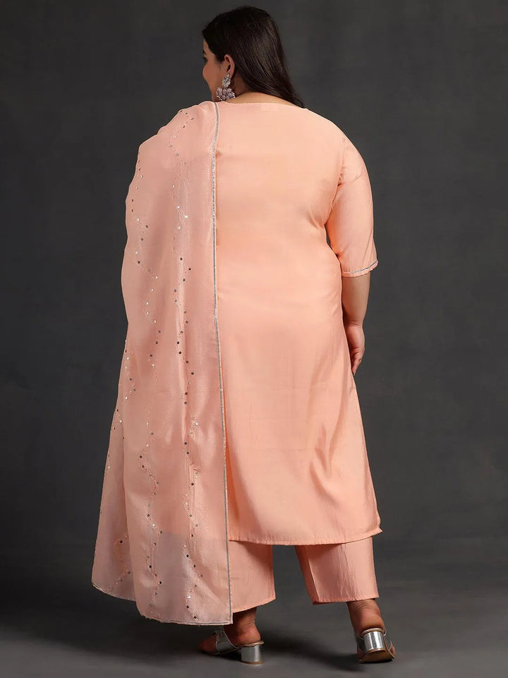 Plus Size Peach Yoke Design Silk Blend Straight Suit With Dupatta - Libas