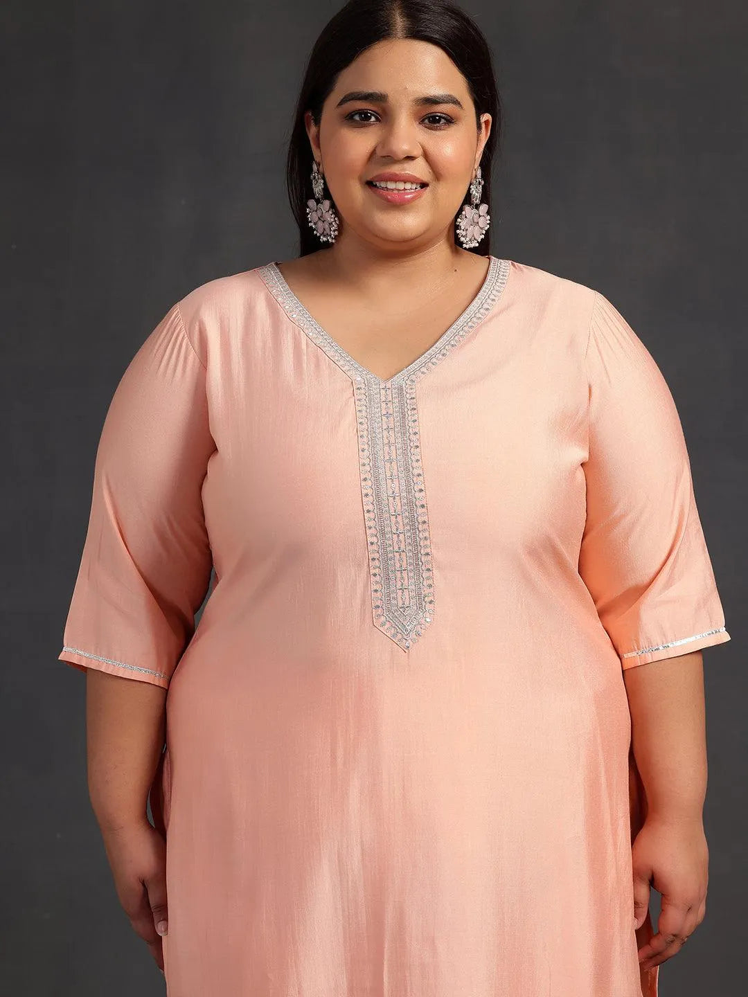 Plus Size Peach Yoke Design Silk Blend Straight Suit With Dupatta - Libas 
