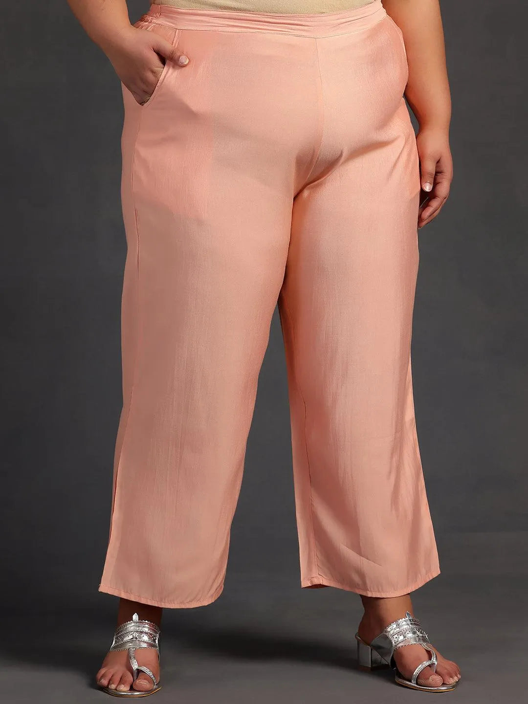 Plus Size Peach Yoke Design Silk Blend Straight Suit With Dupatta - Libas 
