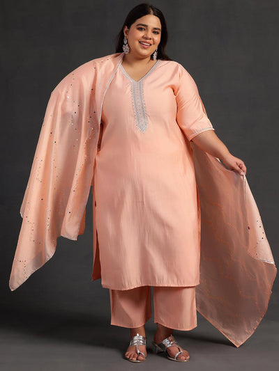 Plus Size Peach Yoke Design Silk Blend Straight Suit With Dupatta - Libas