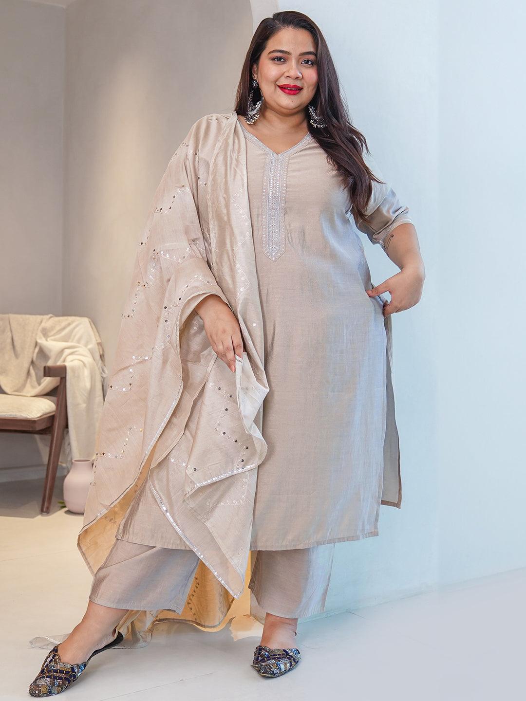 Plus Size Grey Yoke Design Silk Blend Straight Suit With Dupatta