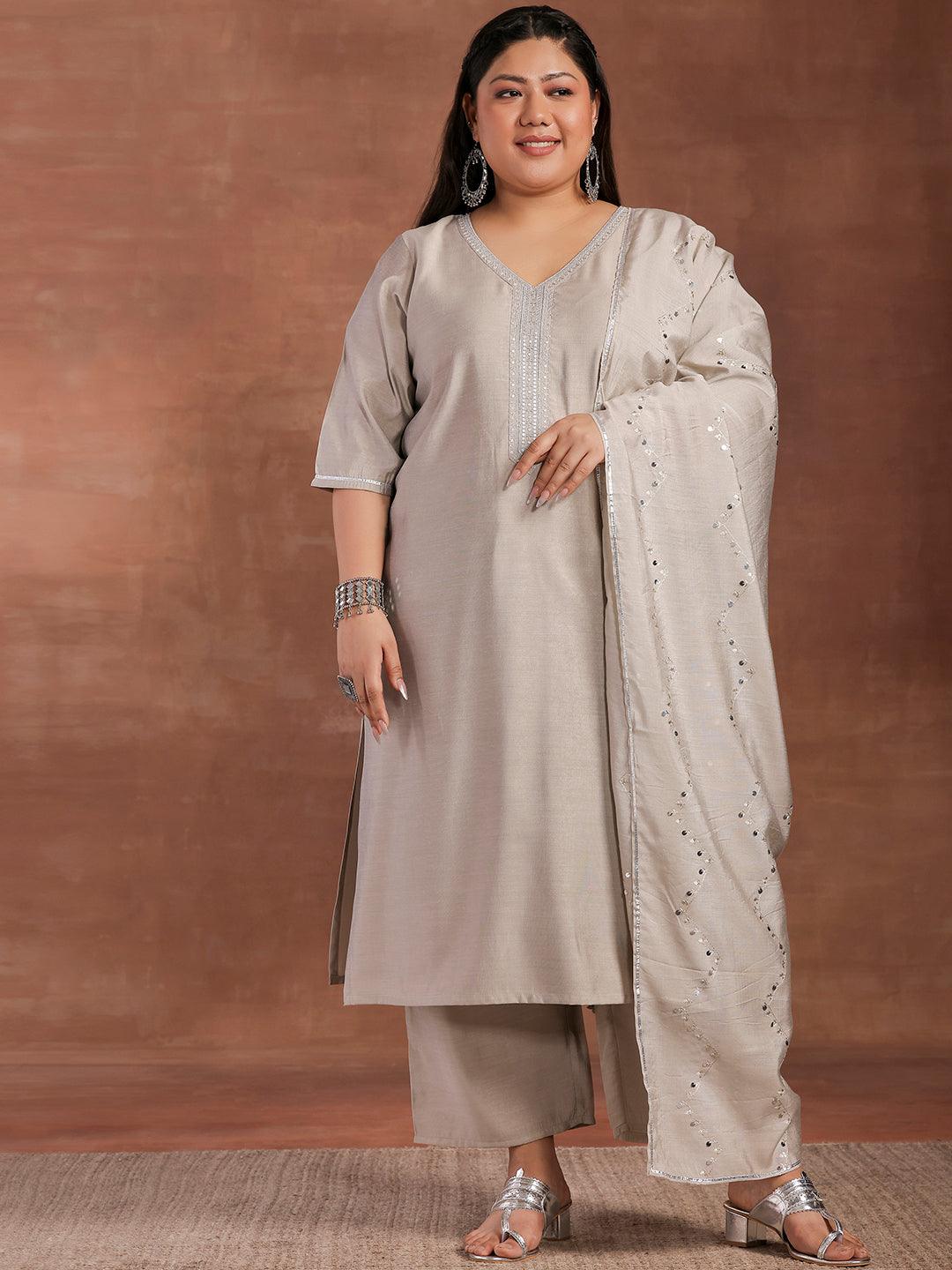 Plus Size Grey Yoke Design Silk Blend Straight Suit With Dupatta