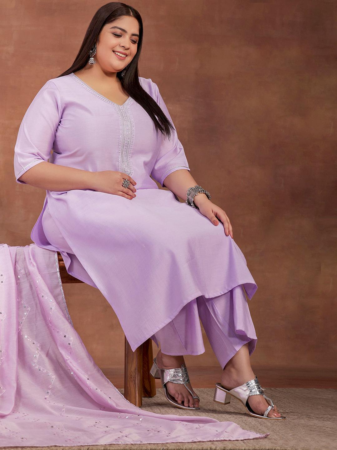 Plus Size Lavender Yoke Design Silk Blend Straight Suit With Dupatta