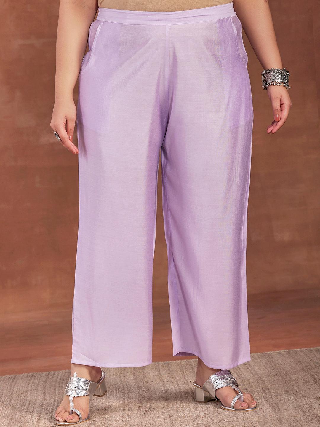 Plus Size Lavender Yoke Design Silk Blend Straight Suit With Dupatta