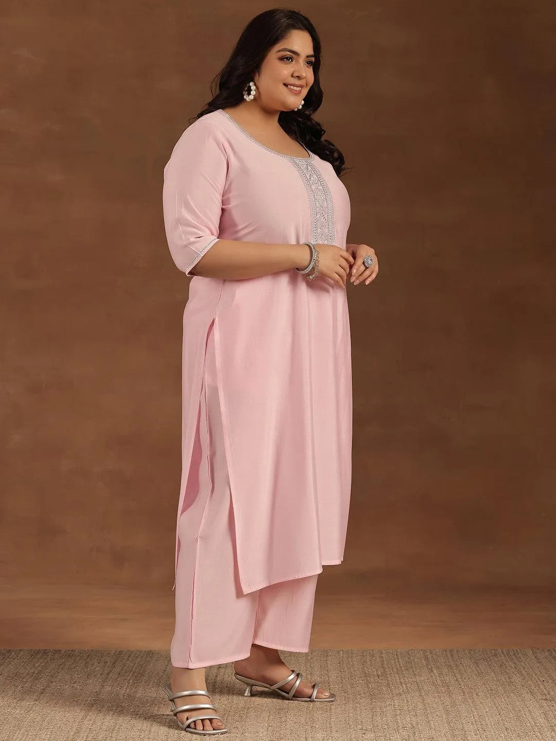 Plus Size Pink Yoke Design Silk Blend Straight Suit With Dupatta - Libas 