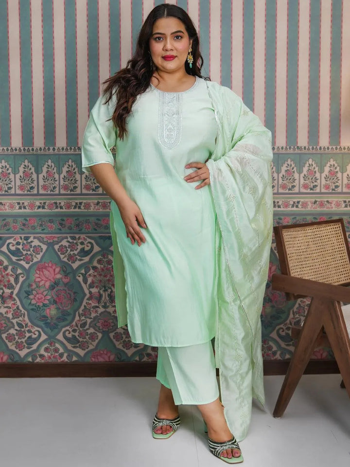 Plus Size Green Yoke Design Silk Blend Straight Suit With Dupatta - Libas