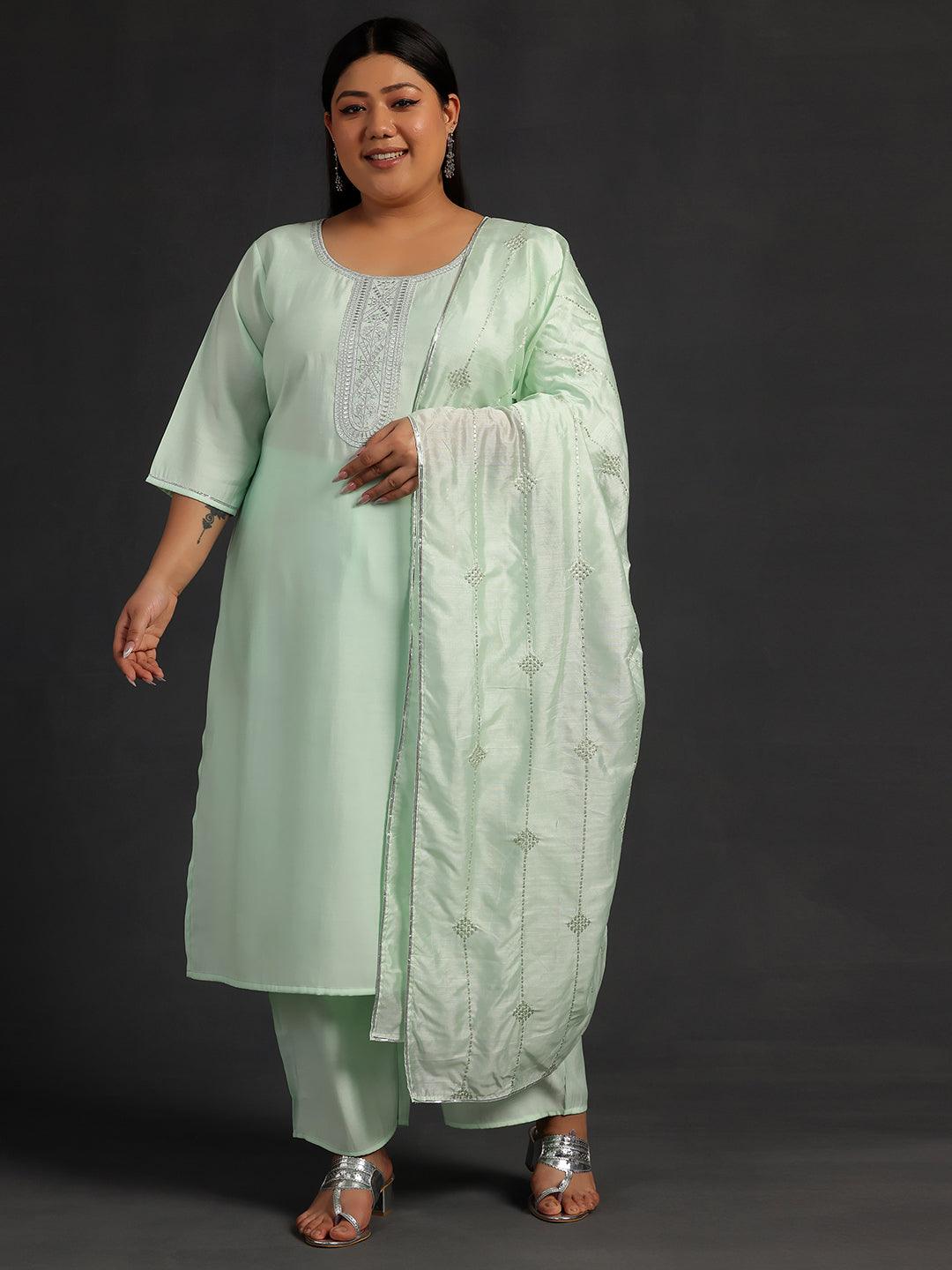 Plus Size Green Yoke Design Silk Blend Straight Suit With Dupatta - Libas