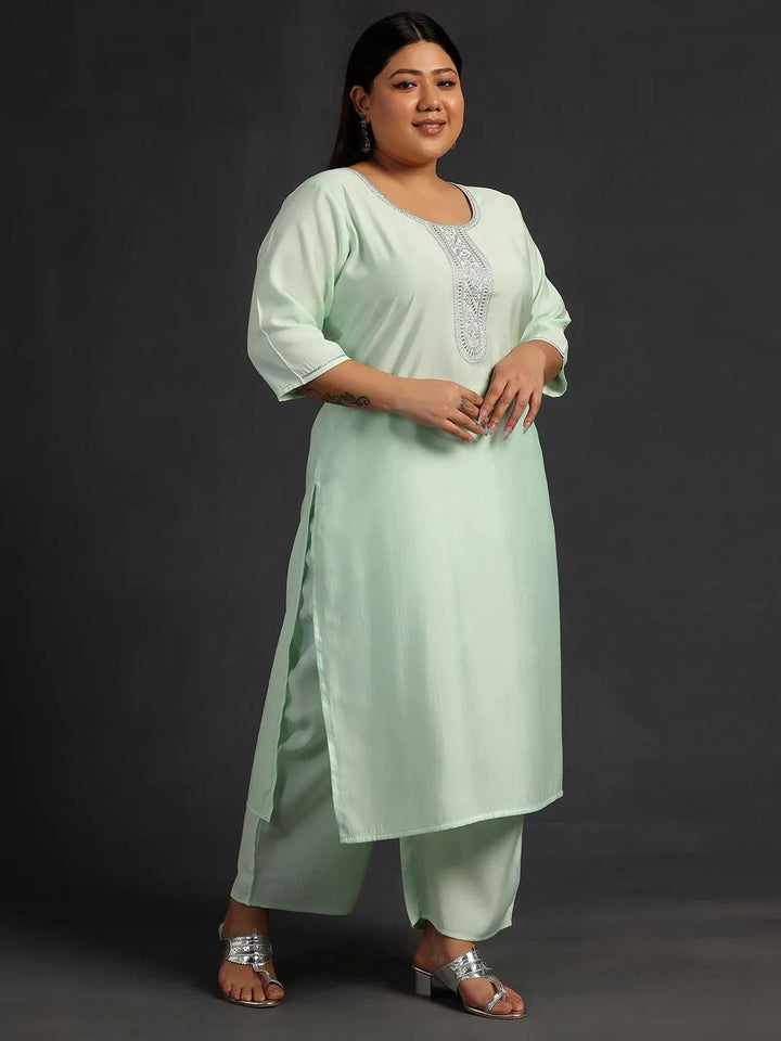 Plus Size Green Yoke Design Silk Blend Straight Suit With Dupatta - Libas