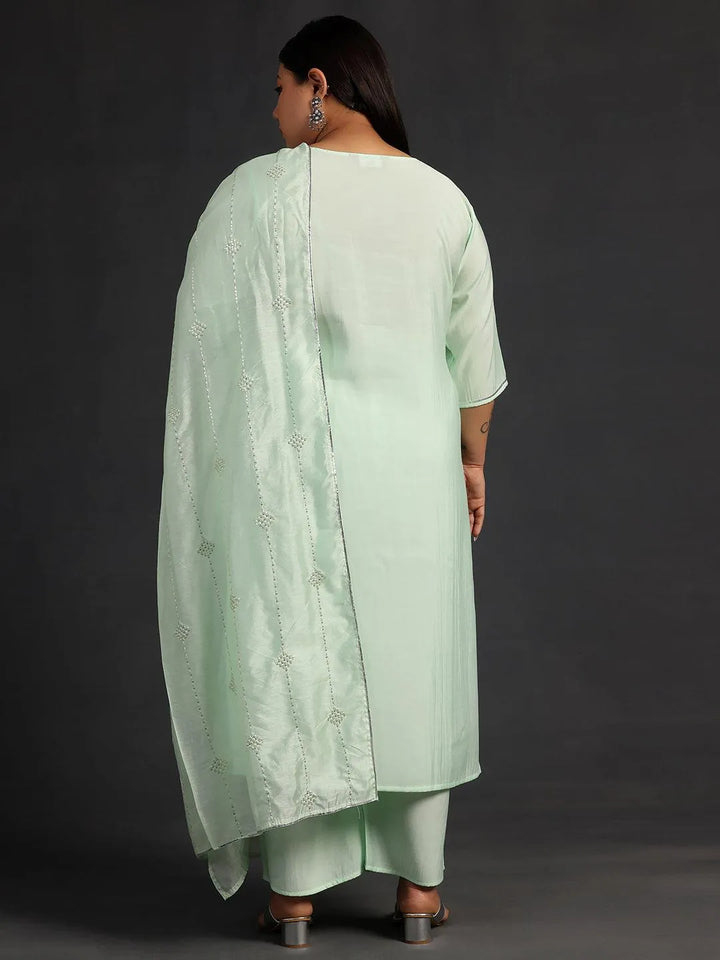 Plus Size Green Yoke Design Silk Blend Straight Suit With Dupatta - Libas