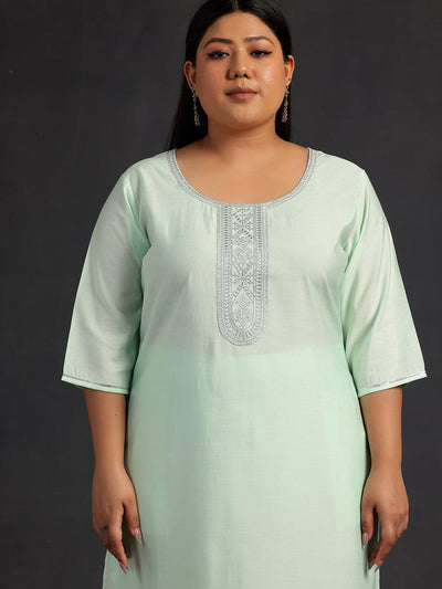 Plus Size Green Yoke Design Silk Blend Straight Suit With Dupatta - Libas