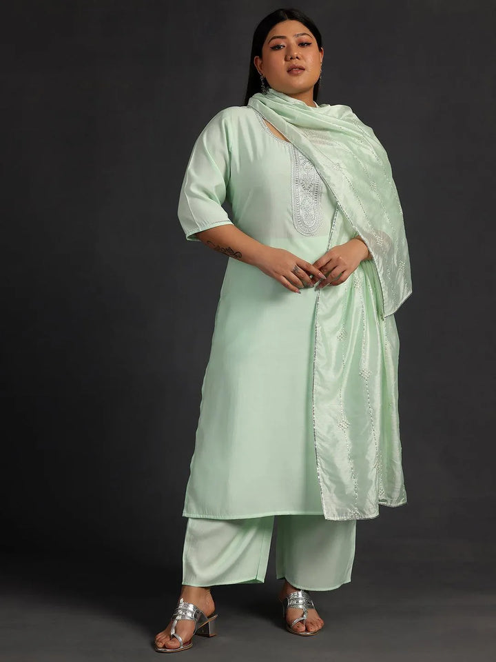 Plus Size Green Yoke Design Silk Blend Straight Suit With Dupatta - Libas