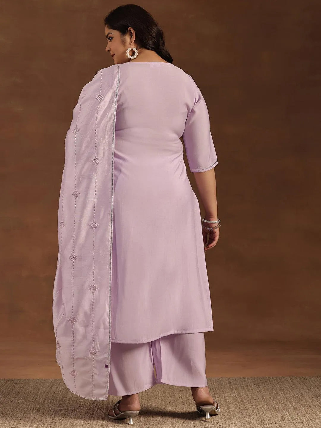 Plus Size Lavender Yoke Design Silk Blend Straight Suit With Dupatta - Libas 